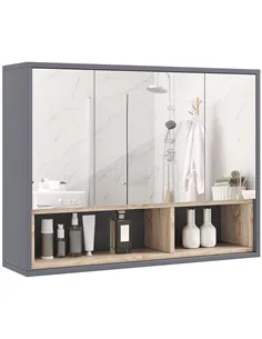 HOMCOM Bathroom Mirror Cabinet, Wall Mounted Bathroom Cabinet with Mirror, 3 Doors and Cupboards, Grey