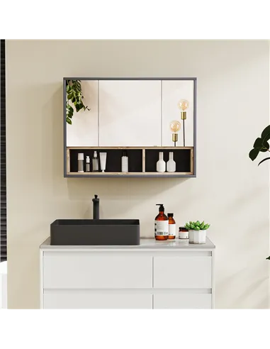 HOMCOM Bathroom Mirror Cabinet, Wall Mounted Bathroom Cabinet with Mirror, 3 Doors and Cupboards, Grey