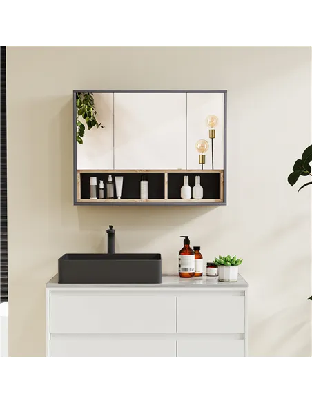 HOMCOM Bathroom Mirror Cabinet, Wall Mounted Bathroom Cabinet with Mirror, 3 Doors and Cupboards, Grey