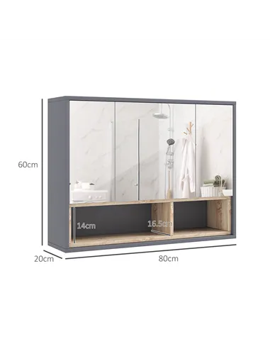 HOMCOM Bathroom Mirror Cabinet, Wall Mounted Bathroom Cabinet with Mirror, 3 Doors and Cupboards, Grey