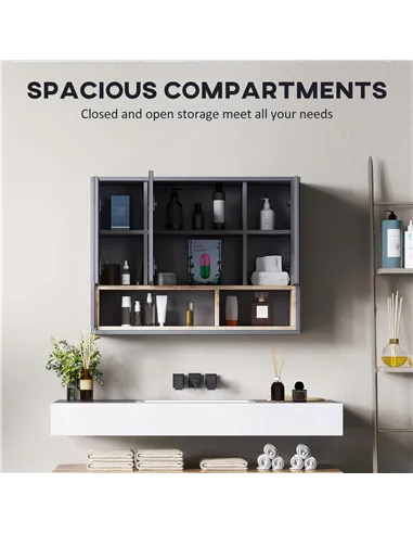 HOMCOM Bathroom Mirror Cabinet, Wall Mounted Bathroom Cabinet with Mirror, 3 Doors and Cupboards, Grey
