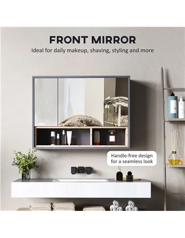 HOMCOM Bathroom Mirror Cabinet, Wall Mounted Bathroom Cabinet with Mirror, 3 Doors and Cupboards, Grey