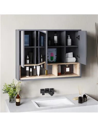 HOMCOM Bathroom Mirror Cabinet, Wall Mounted Bathroom Cabinet with Mirror, 3 Doors and Cupboards, Grey