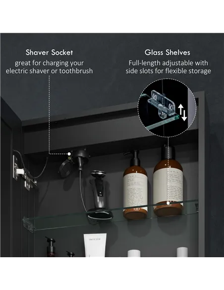 HOMCOM Bathroom Mirror Cabinet with LED Lights and Shaver Socket, 500 x 700 mm Wall Mounted Bathroom Cabinet with Mirror, Demist