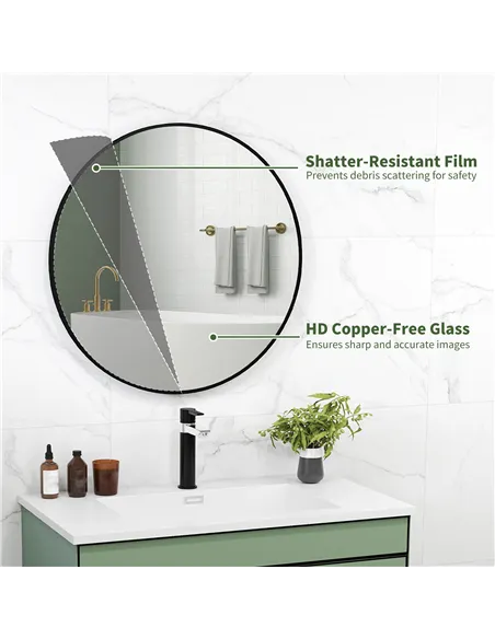 HOMCOM Round Bathroom Mirror, 70 x 70cm Steel Framed Wall Mirror, Decorative Mirror for Bedroom, Living Room, Entryway, Black