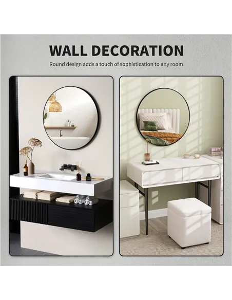 HOMCOM Round Bathroom Mirror, 70 x 70cm Steel Framed Wall Mirror, Decorative Mirror for Bedroom, Living Room, Entryway, Black