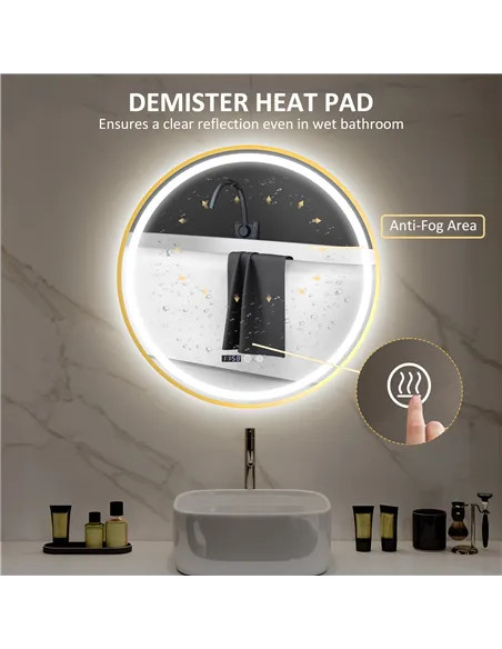 HOMCOM 80cm Anti-Fog LED Bathroom Mirror - Gold Tone