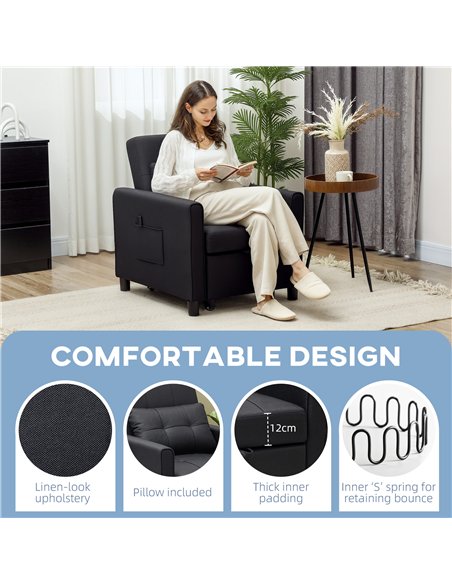 HOMCOM Linen-Look Single Chair Bed - Black