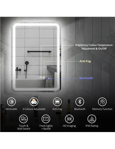 HOMCOM 70 x 50 cm Bluetooth Bathroom Mirror - Silver-Tone