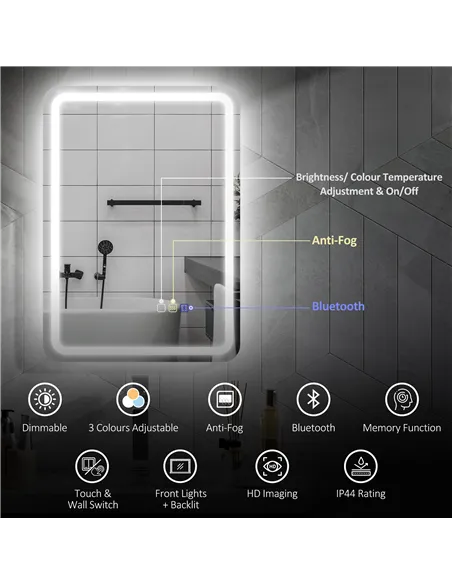 HOMCOM 70 x 50 cm Bluetooth Bathroom Mirror - Silver-Tone