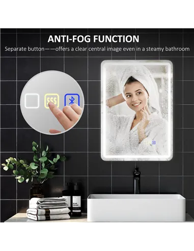 HOMCOM 70 x 50 cm Bluetooth Bathroom Mirror - Silver-Tone