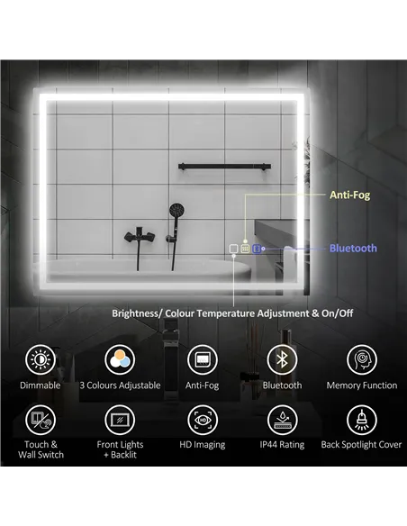HOMCOM 60 x 80 cm Anti-Fog LED Bathroom Mirror, with Bluetooth - Silver Tone