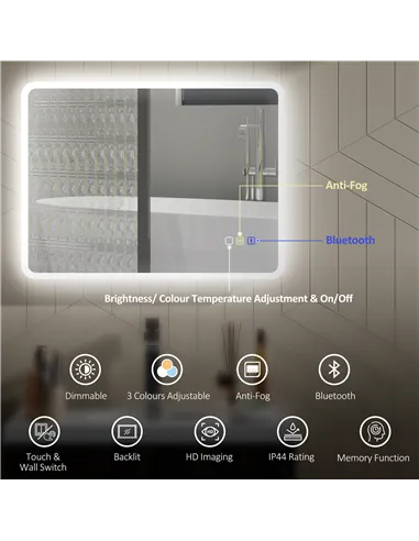 HOMCOM 80 x 60cm LED Bathroom Mirror, with Bluetooth - Silver Tone