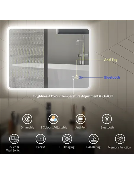 HOMCOM 80 x 60cm LED Bathroom Mirror, with Bluetooth - Silver Tone