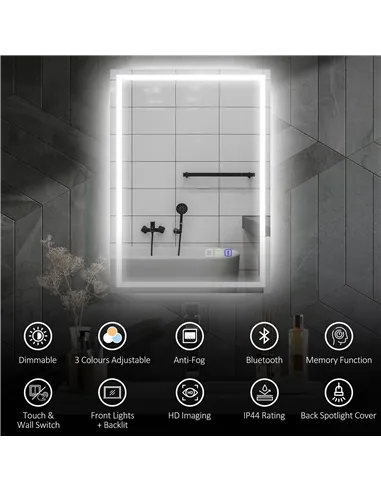 HOMCOM 50 x 70 cm Anti-Fog LED Bathroom Mirror, with Bluetooth - Silver Tone