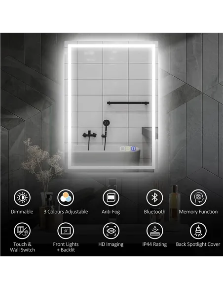 HOMCOM 50 x 70 cm Anti-Fog LED Bathroom Mirror, with Bluetooth - Silver Tone