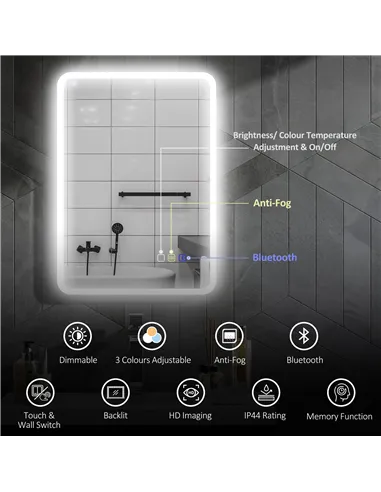 HOMCOM 70 x 50cm LED Bathroom Mirror, with Bluetooth - Silver Tone