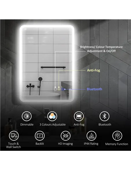 HOMCOM 70 x 50cm LED Bathroom Mirror, with Bluetooth - Silver Tone
