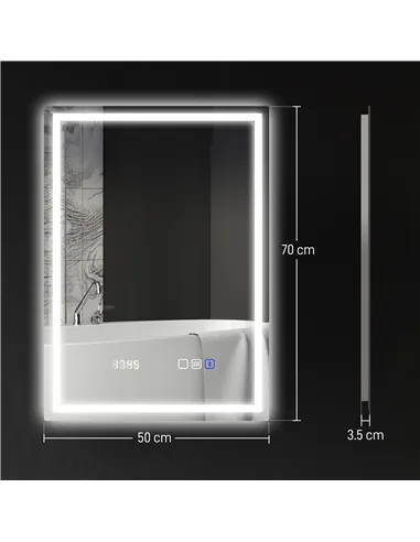 HOMCOM 50 x 70 cm Anti-Fog LED Bathroom Mirror, with Bluetooth and Clock - Silver Tone