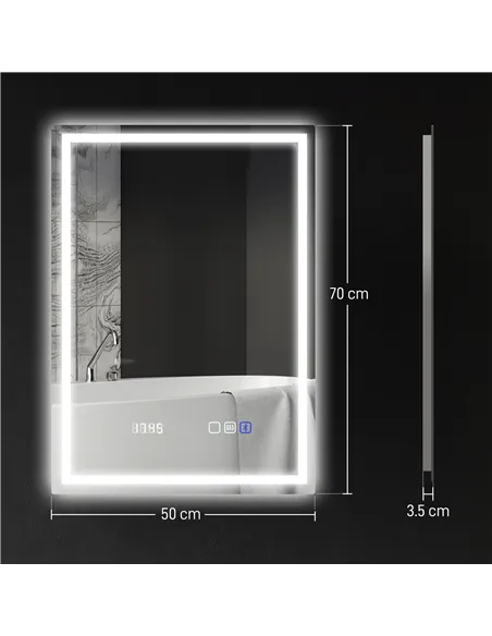HOMCOM 50 x 70 cm Anti-Fog LED Bathroom Mirror, with Bluetooth and Clock - Silver Tone