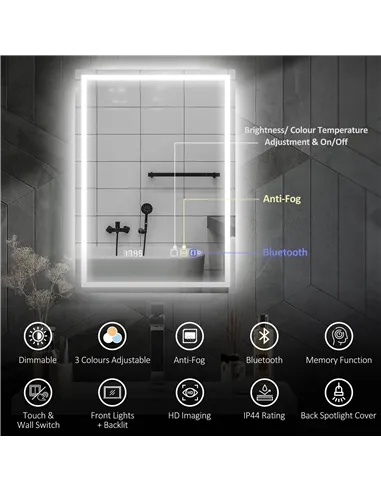 HOMCOM 50 x 70 cm Anti-Fog LED Bathroom Mirror, with Bluetooth and Clock - Silver Tone