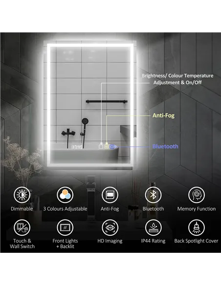 HOMCOM 50 x 70 cm Anti-Fog LED Bathroom Mirror, with Bluetooth and Clock - Silver Tone