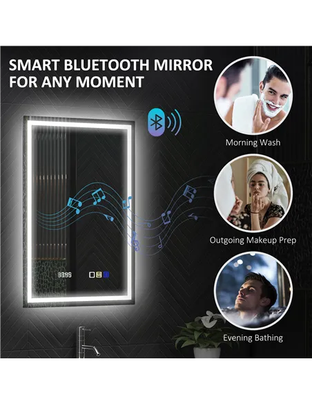 HOMCOM 50 x 70 cm Anti-Fog LED Bathroom Mirror, with Bluetooth and Clock - Silver Tone