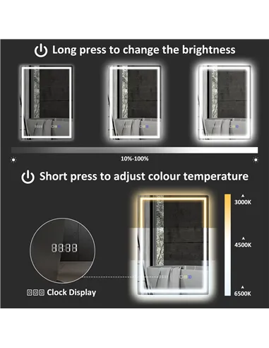 HOMCOM 50 x 70 cm Anti-Fog LED Bathroom Mirror, with Bluetooth and Clock - Silver Tone