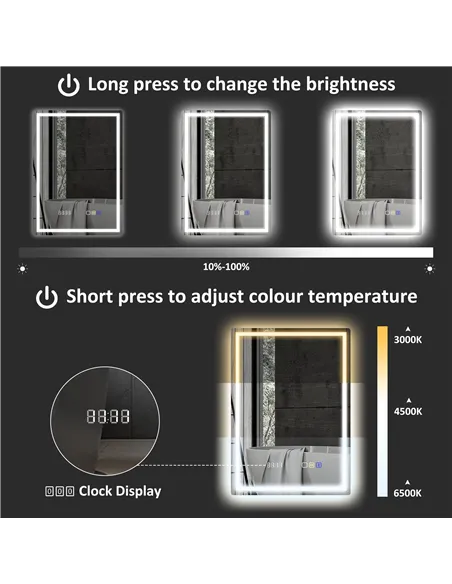 HOMCOM 50 x 70 cm Anti-Fog LED Bathroom Mirror, with Bluetooth and Clock - Silver Tone