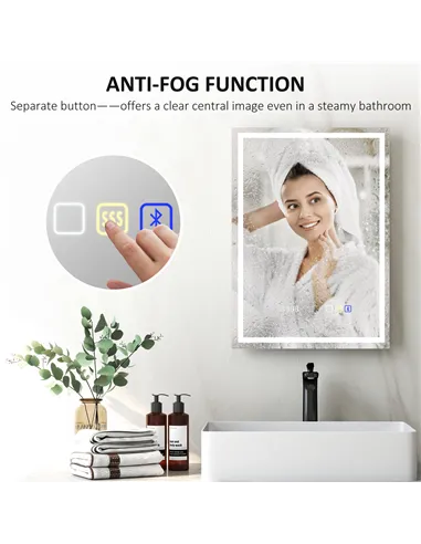 HOMCOM 50 x 70 cm Anti-Fog LED Bathroom Mirror, with Bluetooth and Clock - Silver Tone