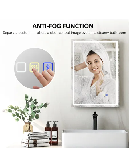 HOMCOM 50 x 70 cm Anti-Fog LED Bathroom Mirror, with Bluetooth and Clock - Silver Tone