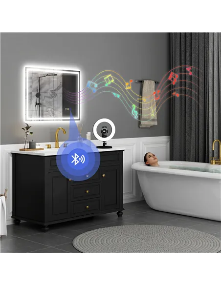 HOMCOM 60 x 80 cm Anti-Fog LED Bathroom Mirror, with Bluetooth and Clock - Silver Tone