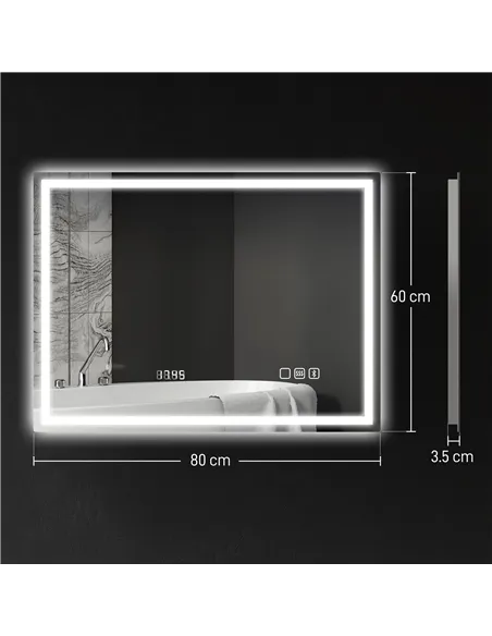 HOMCOM 60 x 80 cm Anti-Fog LED Bathroom Mirror, with Bluetooth and Clock - Silver Tone