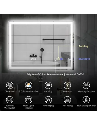 HOMCOM 60 x 80 cm Anti-Fog LED Bathroom Mirror, with Bluetooth and Clock - Silver Tone