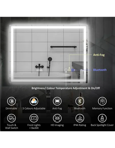HOMCOM 60 x 80 cm Anti-Fog LED Bathroom Mirror, with Bluetooth and Clock - Silver Tone