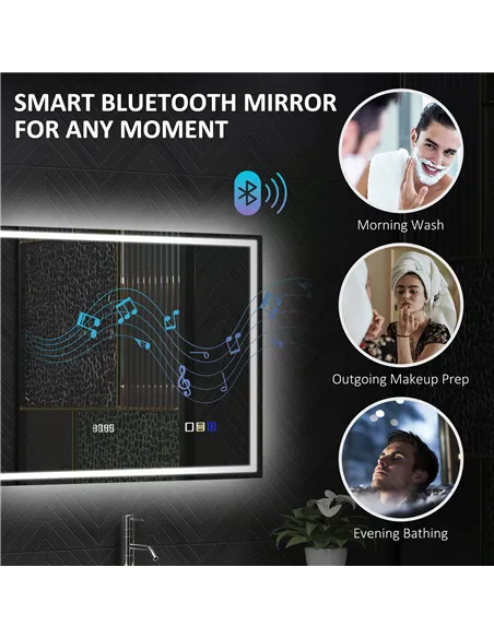 HOMCOM 60 x 80 cm Anti-Fog LED Bathroom Mirror, with Bluetooth and Clock - Silver Tone