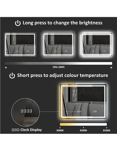 HOMCOM 60 x 80 cm Anti-Fog LED Bathroom Mirror, with Bluetooth and Clock - Silver Tone