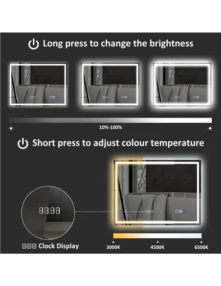 HOMCOM 60 x 80 cm Anti-Fog LED Bathroom Mirror, with Bluetooth and Clock - Silver Tone