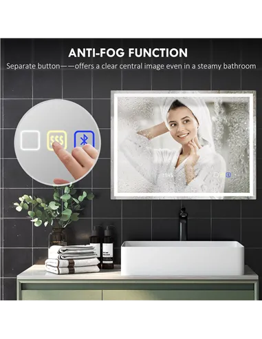 HOMCOM 60 x 80 cm Anti-Fog LED Bathroom Mirror, with Bluetooth and Clock - Silver Tone