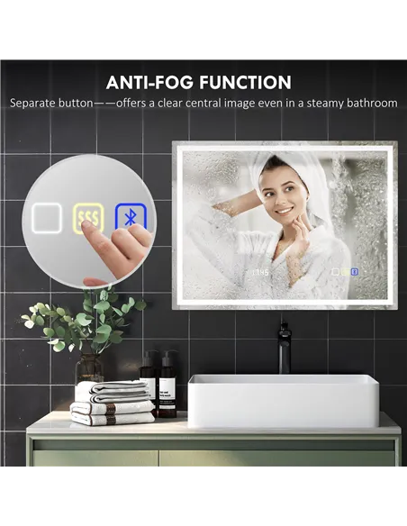 HOMCOM 60 x 80 cm Anti-Fog LED Bathroom Mirror, with Bluetooth and Clock - Silver Tone