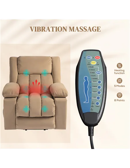 HOMCOM Velvet-Feel Electric Riser, Recliner and Massage Armchair - Light Brown