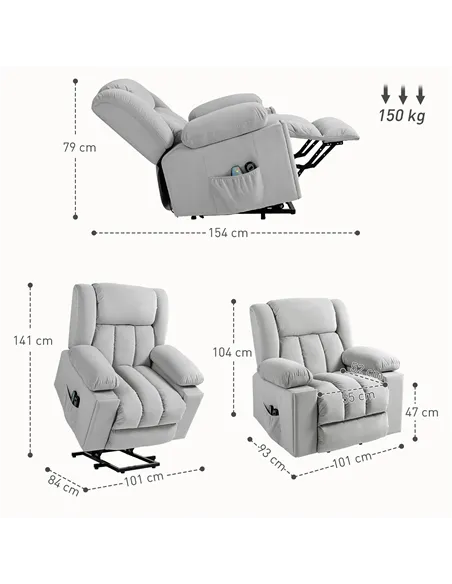 HOMCOM Velvet-Feel Electric Riser, Recliner and Massage Armchair - Light Grey