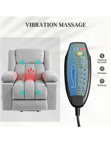 HOMCOM Velvet-Feel Electric Riser, Recliner and Massage Armchair - Light Grey
