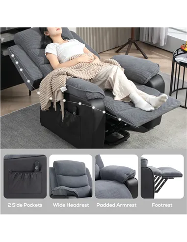 HOMCOM Overstuffed Corduroy Electric Lift Chair - Dark Grey