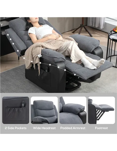HOMCOM Overstuffed Corduroy Electric Lift Chair - Dark Grey