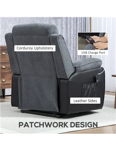 HOMCOM Overstuffed Corduroy Electric Lift Chair - Dark Grey