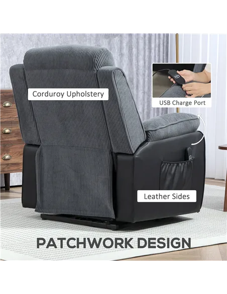 HOMCOM Overstuffed Corduroy Electric Lift Chair - Dark Grey