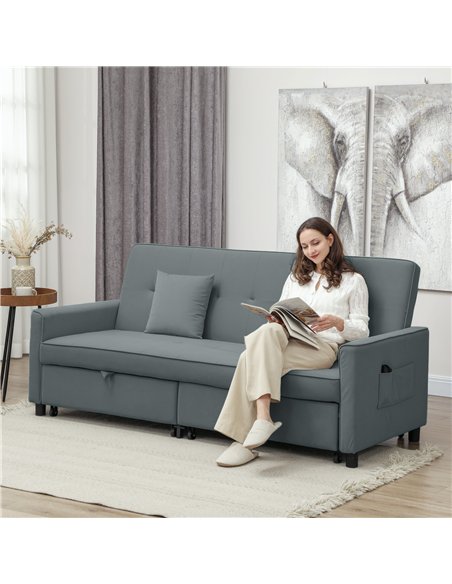 HOMCOM Three-Person Velvet-Feel Sofa Bed - Grey