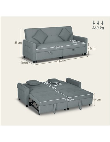 HOMCOM Three-Person Velvet-Feel Sofa Bed - Grey