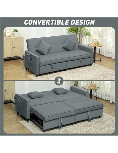 HOMCOM Three-Person Velvet-Feel Sofa Bed - Grey